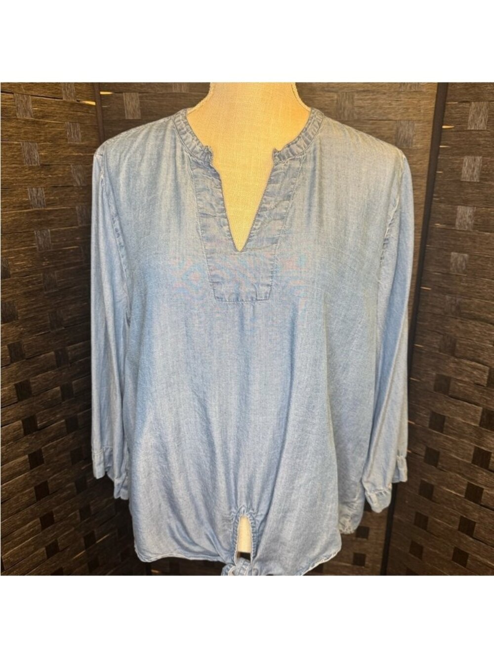 Casual Denim Blue Blouse with Tie-Front